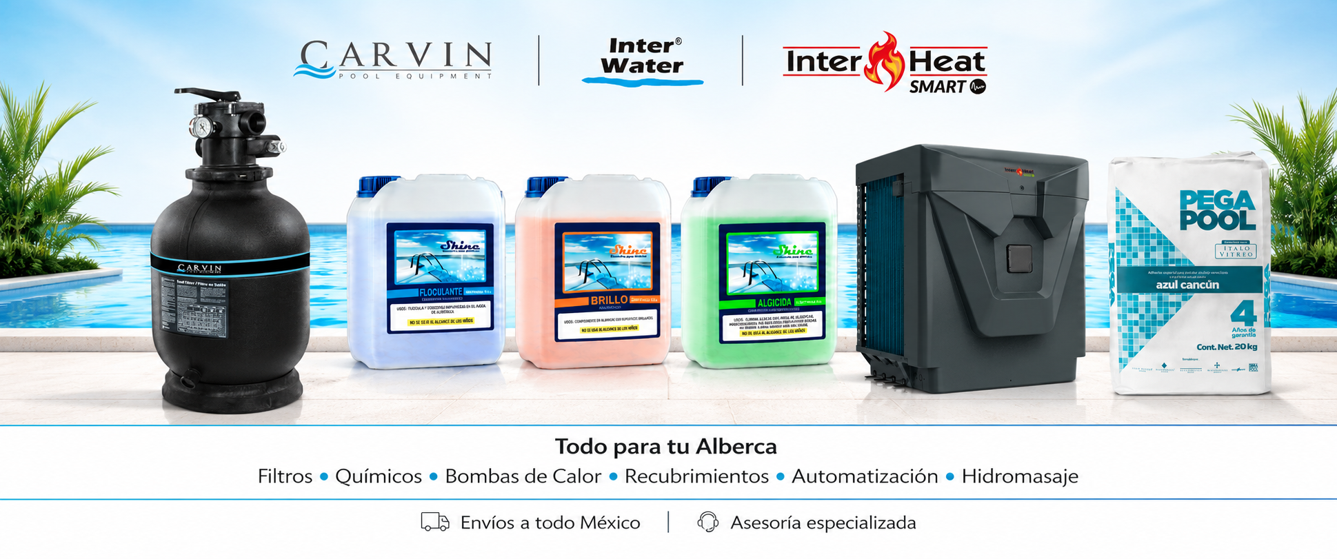 Equipo para albercas en México con filtros, químicos, bomba de calor y recubrimientos